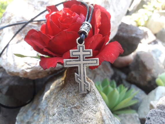 Russian Orthodox Cross Leather Necklace,byzantine,suppedaneum