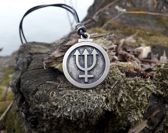 Neptun Planetarische Glyphie Lederhalskette, Planet Neptun Zeichen Schmuck, Astrologie Symbol, Horoskop, Sternzeichen, Neptuns Dreizack, astrologisches Symbol