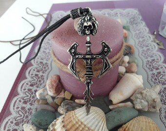 Sword with skull leather necklace,sword pendant with pearl,fantasy sword,Pagan sacrifice skull sword jewelry.game sword dota