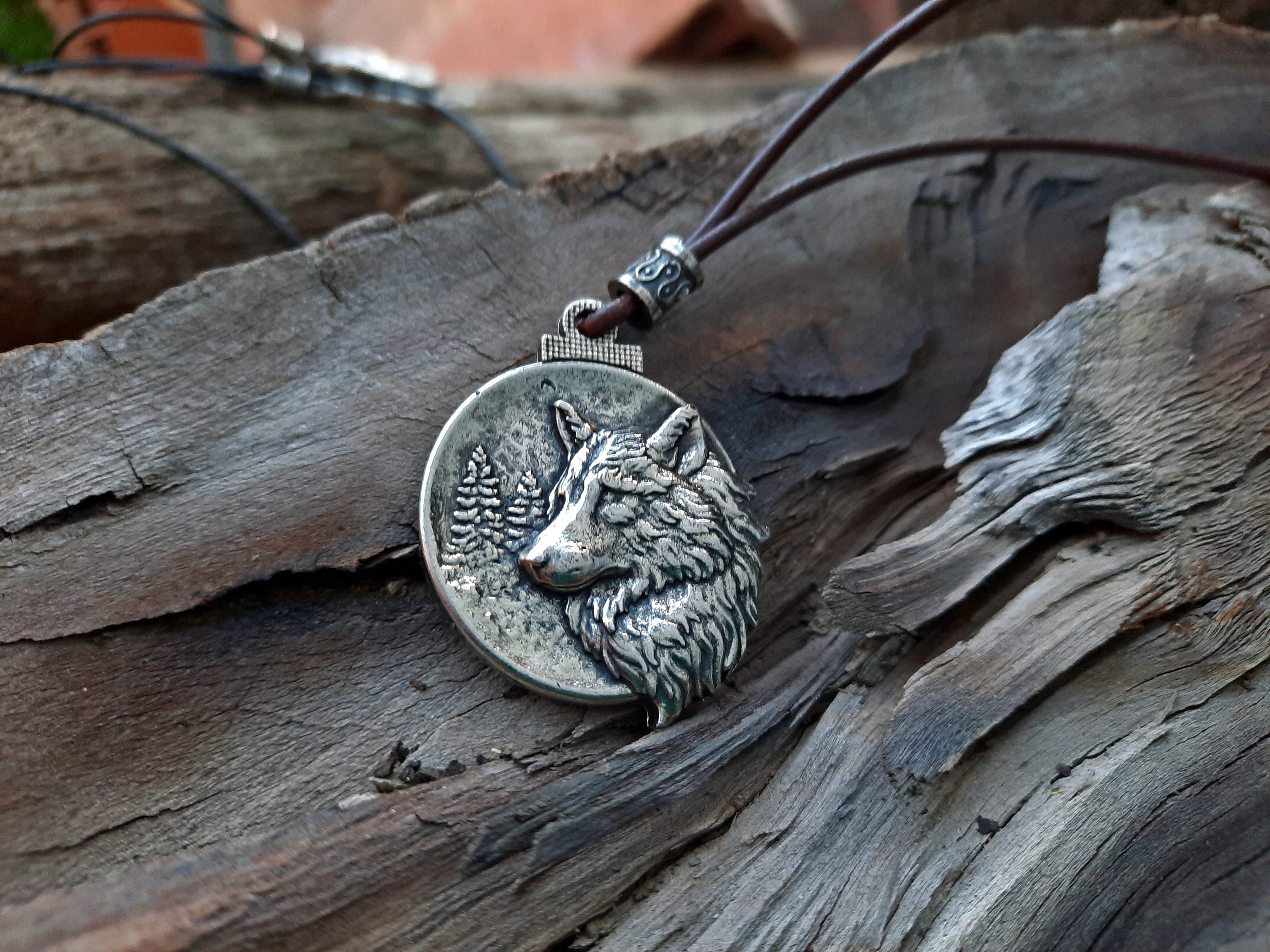 Wolf head on medallion necklace,scandinavian wolf,Wild animal wolf,Viking wolf,pagan jewelry,Forest aimal,Slavic Svarog Pagan Wolf