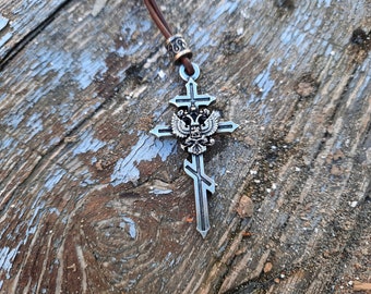 Christian orthodox Cross with Double headed Coat of arms pendant,Imperial double head eagle symbol jewelry,Suppedaneum Cross,Byzantine Cross
