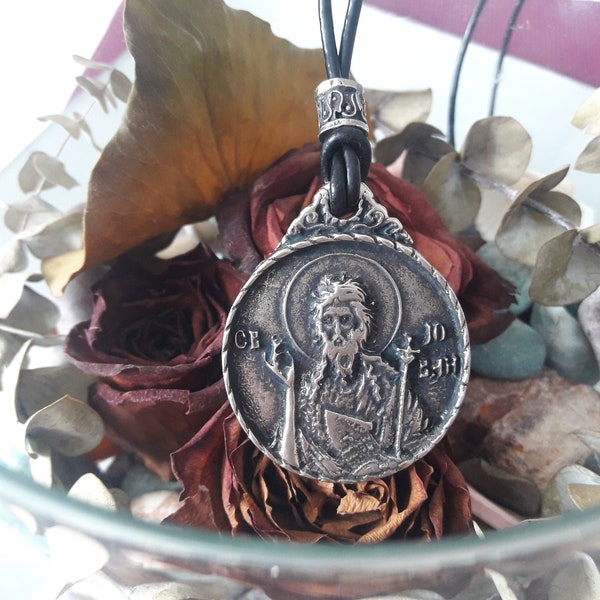Saint John Baptist icon leather necklace, Saint John the Baptizer Orthodox Russian Byzantine Roman Catholic Christian Icon,Religious symbol