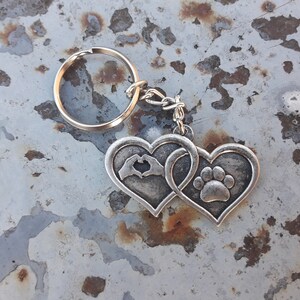 Two heart keychain,keyring for animal lover,cute paw jewelry,i love animal,heart,puppy paw keychain,friendship gift,forever love,cat paw