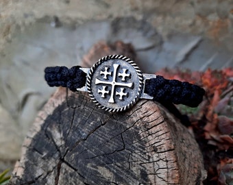 Pulsera de cuerda con la cruz de Jerusalén, joyería cristiana con la cruz quíntuple, Caballeros Templarios, colgante con la cruz templaria, Reino de Jerusalén, regalo religioso
