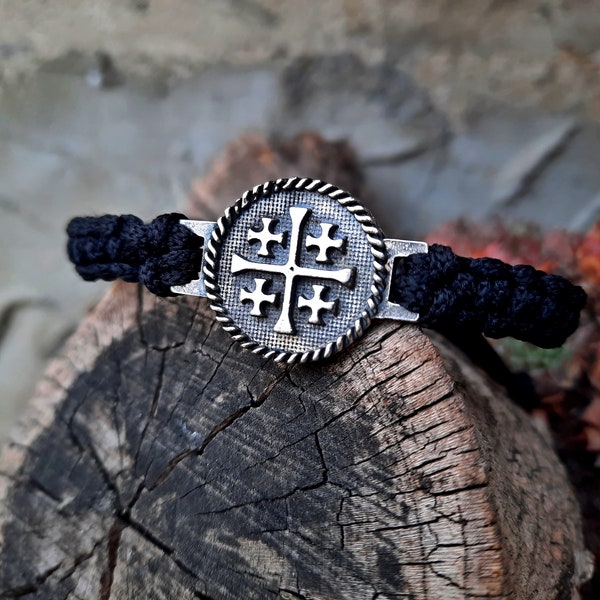 Jerusalem Cross rope bracelet,Five-fold Cross christian jewelry,Knights Templar,Templar cross pendant,Kingdom of Jerusalem,religious gift