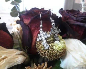 Russian orthodox Cross Earrings,Patriarchal Cross,Serbian,Greek cross,Christian cross,Suppedaneum cross,Religious Jewelry,gift for her