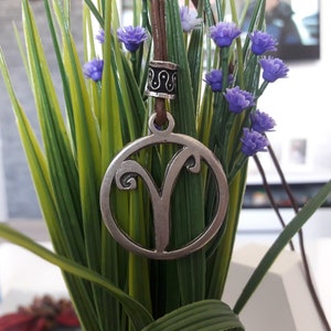 May include: A silver pendant necklace with a circular design featuring the zodiac symbol for Aries. The necklace is hanging from a brown leather cord and is surrounded by purple flowers.