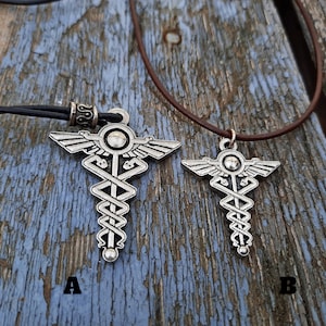 Hermes Caduceus Leather necklace,Greek symbol of medicine jewelry,Hermes Olympian god in Greek charm,Greek mythology necklace,Hermes pendant