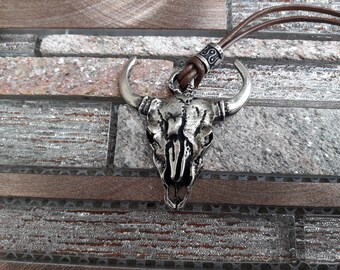 Taurus skull leather necklace with pearl.Bull skull,Rodeo necklace,Long horn skull,Animal pendant jewelry,cow necklace,ox pendant