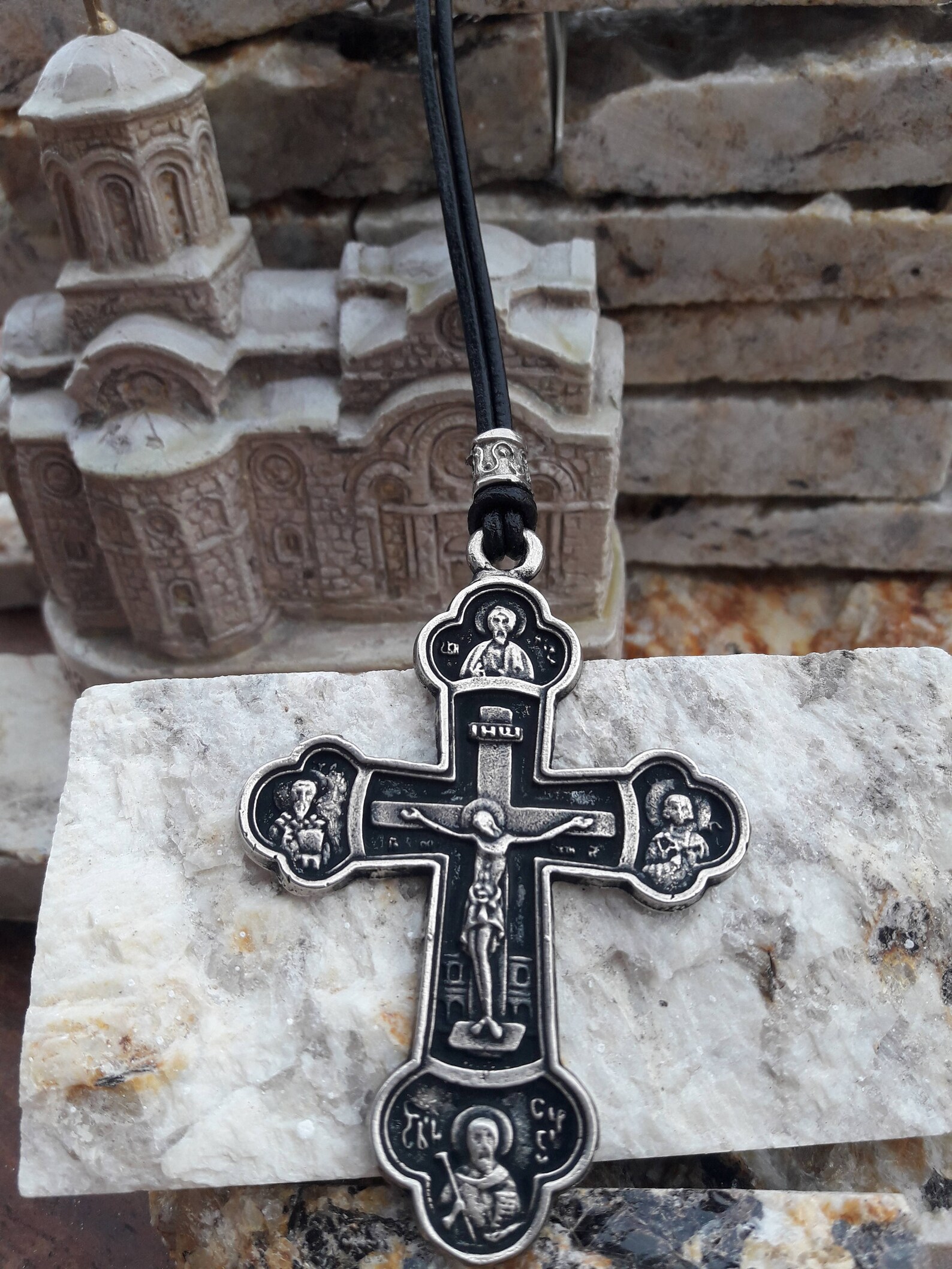 Orthodox Church Cross Necklace on leather with pearlSymbol of Etsy