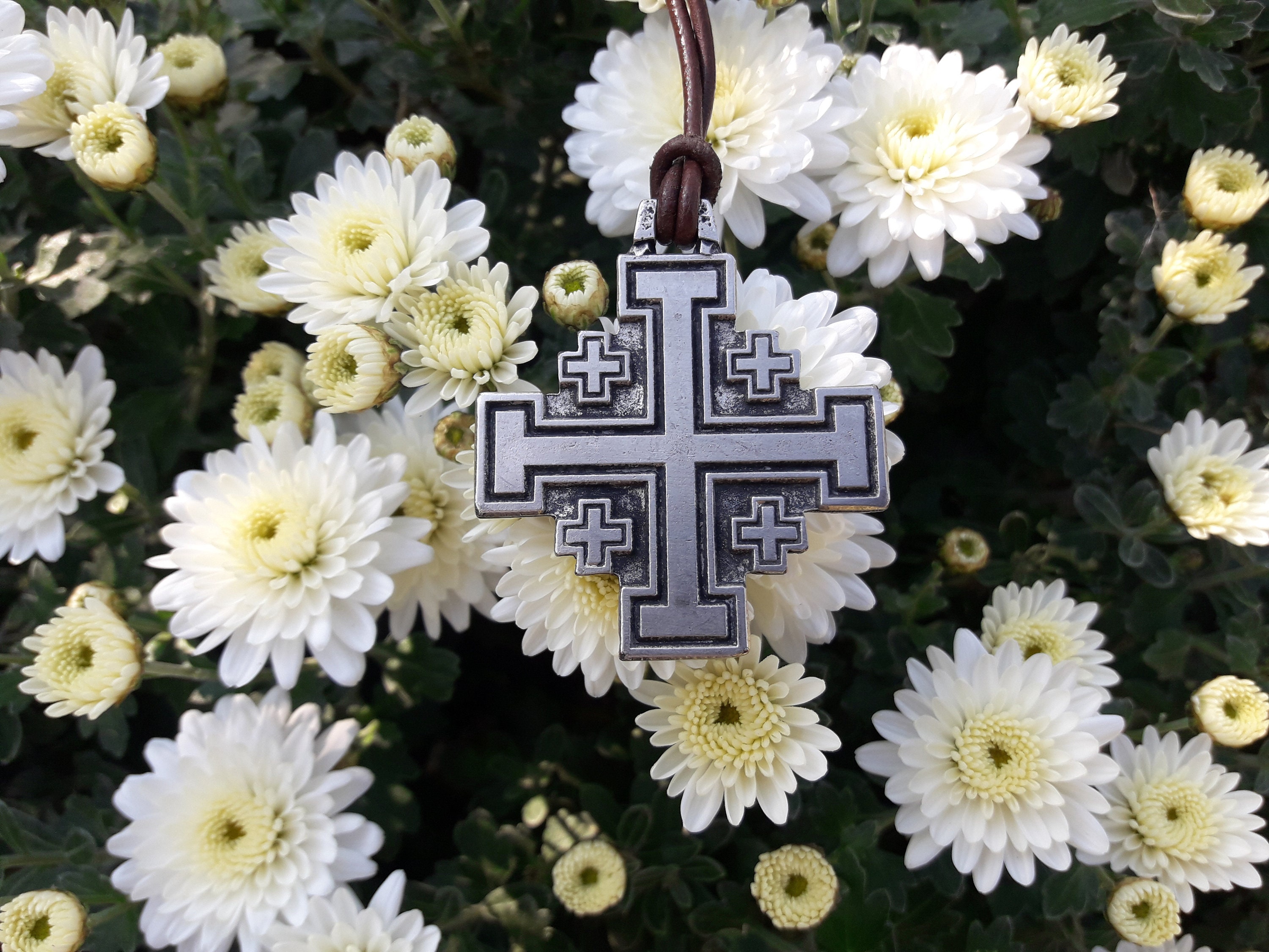 Jerusalem Cross Leather Necklacefive Fold Cross Jewelry Etsy