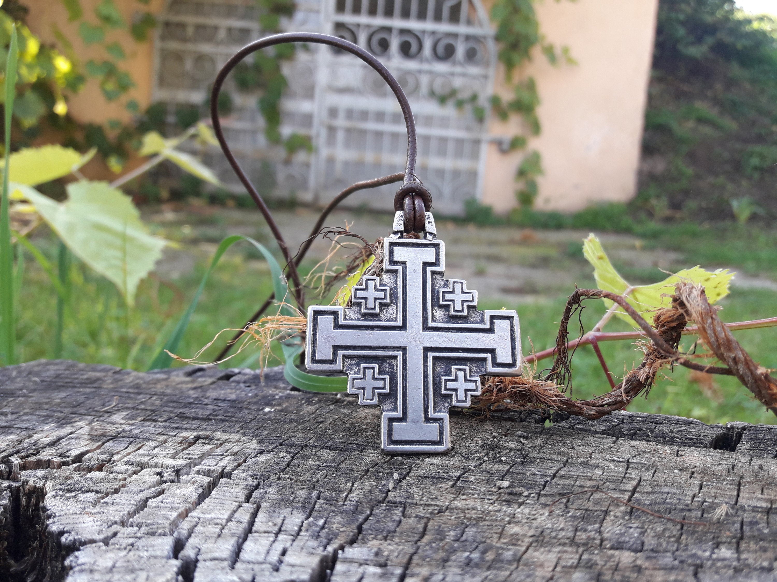Jerusalem Cross Leather Necklacefive Fold Cross Jewelry Etsy