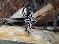 Russian Orthodox Cross leather necklace,Patriarchal Cross leather necklace,Suppedaneum cross jewelry,Eastern Orthodox Church symbol necklace product logo