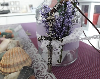 Pagan sword skull leather necklace with pearl,medieval viking knife,skull and bones sword,sword jewelry