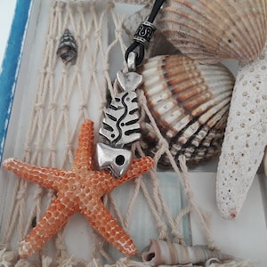 Fishbone leather necklace,fish skeleton pendant,sea jewelry,Fishbone american music band,river animal,handmade metal fish,fisherman necklace
