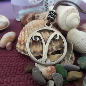 May include: A silver pendant necklace with a zodiac symbol of Aries, a ram's head, on a brown leather cord. The pendant is surrounded by seashells and stones.