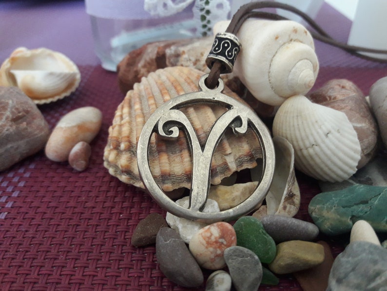 May include: A silver pendant necklace with a zodiac symbol of Aries, a ram's head, on a brown leather cord. The pendant is surrounded by seashells and stones.