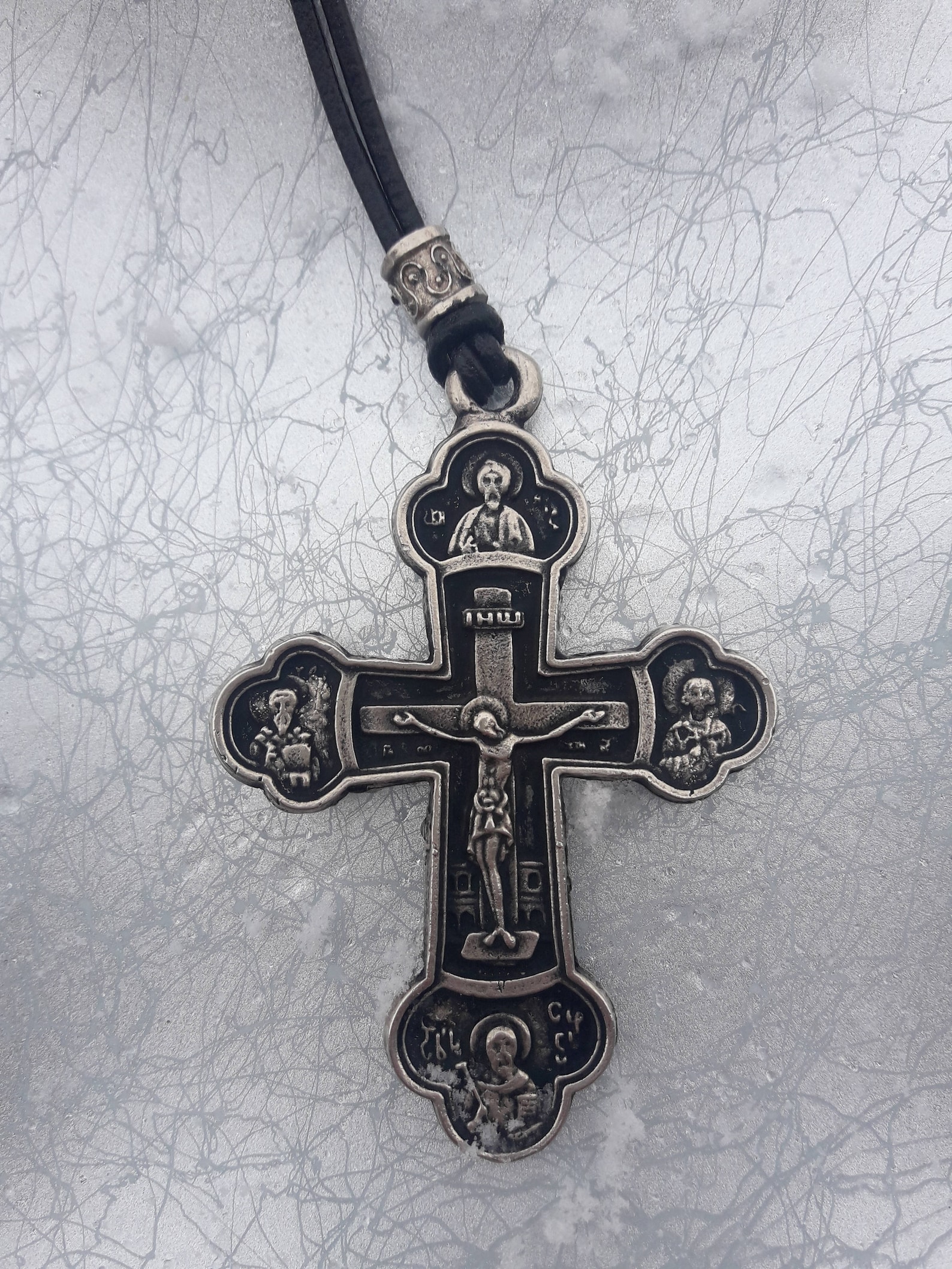 Orthodox Church Cross Necklace on Leather With Pearlsymbol of Etsy
