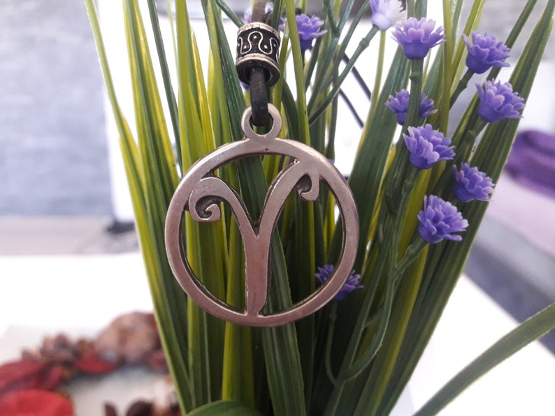 May include: A silver pendant necklace with a circular design featuring the astrological symbol for Aries. The necklace is hanging from a green plant with purple flowers.