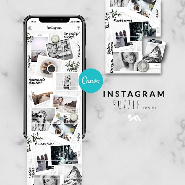 Modèle CANVA Instagram PUZZLE-images instantanées-cadres de film-mise en page de grille-style de collage-posts de médias sociaux-vintage-cadre photo-tendance-mode