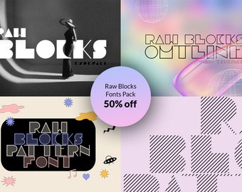 Raw Blocks Retro Font Pack: Bold, Outline, Pattern (Digital Download)