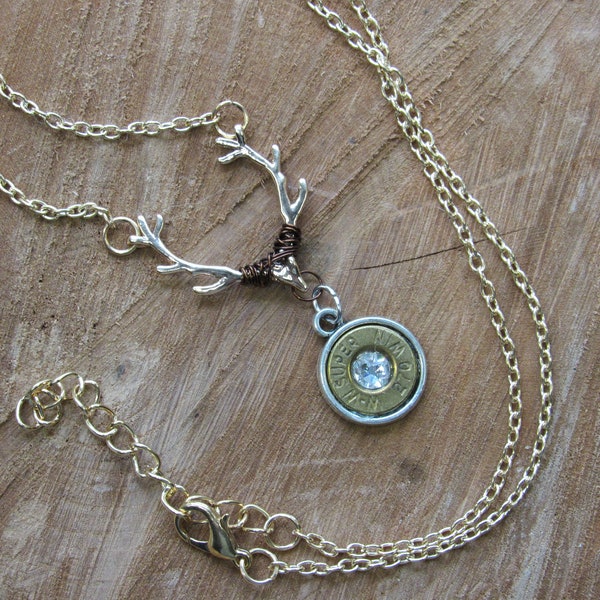 Dangling Antler Bullet necklace in gold with Swarovski crystals