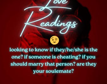 May include: A red background with the words "Love Readings" in a white, cursive font. Below, text asks questions about relationships, such as if someone is cheating or if they are your soulmate.