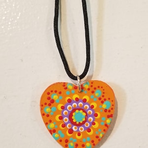 Hand painted heart necklace/wood heart pendant/bohemian jewelry/hand painted necklace for girls