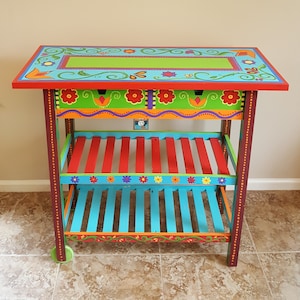 Decorative Hand Painted Kitchen Island/Cart/ Customizable Hand Painted Kitchen Cart/ Bohemian Hand Painted Kitchen Island/boho painted table