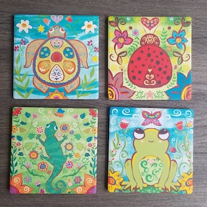 Happy Garden Friends Ceramic Coasters/ Absorbent Ceramic Stone Coasters/ ceramic stone coaster set/ bohemian home decor/colorful coaster set