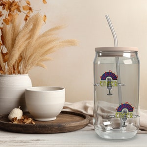 16 oz glass with Radio-Enfer logo, glass cup, glass bottle, bamboo lid, glass tumbler, window