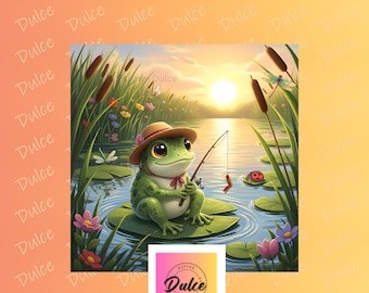 Frog Fishing Art Print: Cottagecore Nursery Decor (Digital Download)