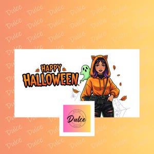 May include: A digital illustration for Halloween featuring a young woman in an orange cat-eared hoodie, a green ghost, and the words "Happy Halloween." The design includes falling leaves, a spider web, and a logo.