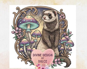 Divine Ferret with Magical Mushrooms and Flowers Art Print