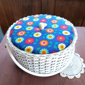 Vintage Rattan & Wood Sewing Basket with Retro Floral Fabric