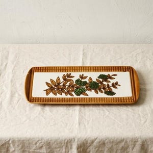 Vintage Herbolzheim Ceramic Serving Platter 196/36 | 70s Green & Brown Floral Tray 14" | Mid Century Rectangular Pastry Dish