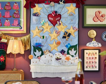 Handmade Celestial Felt Embroidered Heirloom Advent Calendar - Reusable