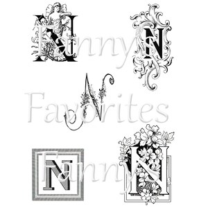 5 monogramas de letra N vintage, iniciales N, diseños de monogramas gráficos, descarga instantánea, monogramas N artísticos, letra del alfabeto N para artesanos