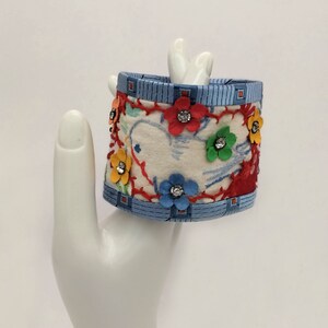 Vintage Fabric Boho Cuff Bracelet: Embroidered Bird, Rhinestone Flowers