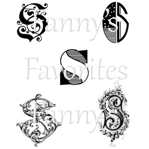 5 monogramas vintage da letra S, iniciais S, designs gráficos de monogramas, download instantâneo, monogramas artísticos S, letra S do alfabeto para artesãos