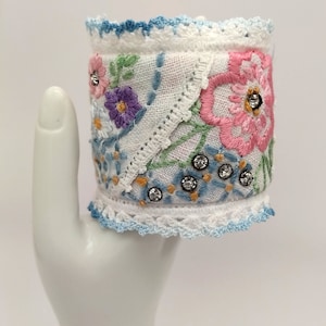 BOHO Cuff Bracelet Vintage Fabric Bracelet Embroidery Wrist Cuff Flower Friendship Bracelet Friend&#39;s Affirmation Bracelet Gift for Friend