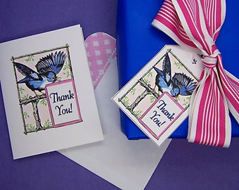 Printable Blue Bird Thank You Cards, coordinating Envelope, and Thank You Gift Tags Stationery Set, Instant Download Thank You Cards