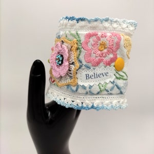 Cuff Bracelet Vintage Fabric Bracelet BOHO Bracelet Gift for Friend Fabric Wrist Cuff Embroidered Wrist Wrap Bracelet Faith Affirmation Cuff