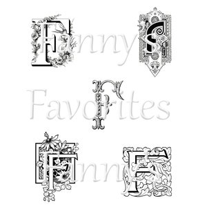 5 monogramas de letra F vintage, iniciales F, diseños de monogramas gráficos, descarga instantánea, monogramas F artísticos, letra del alfabeto F para artesanos