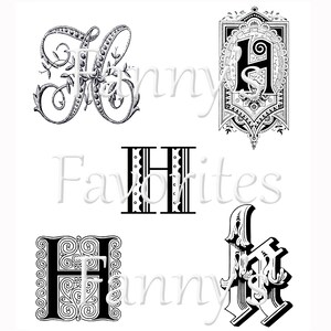 5 monogramas de letra H vintage, iniciales H, diseños de monogramas gráficos, descarga instantánea, monogramas H artísticos, letra del alfabeto H para artesanos