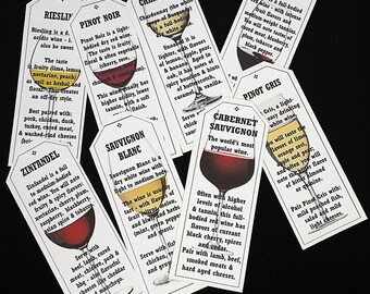 Może przedstawiać: Zestaw dziesięciu kart do degustacji wina z ilustracjami kieliszków do wina i tekstem opisującym cechy różnych odmian win, w tym Riesling, Pinot Noir, Zinfandel, Sauvignon Blanc, Chardonnay, Syrah, Pinot Gris i Cabernet Sauvignon.