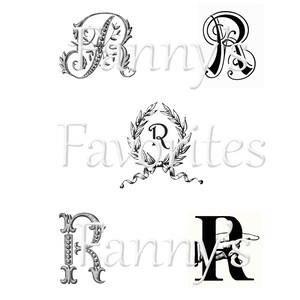5 monogramas de letra R vintage, iniciales R, diseños de monogramas gráficos, descarga instantánea, monogramas R artísticos, letra del alfabeto R para artesanos