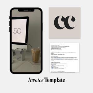May include: A smartphone displays a computer monitor with the number 50, a glass of iced coffee, and a wire basket. A beige card with black intertwined "CC" letters and an invoice template are also visible. The text "Invoice Template" is at the bottom.