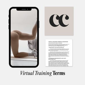 May include: A smartphone displays a person in workout attire, with a beige background. Beside it, a beige square features black intertwined "CC" letters. Below, a document titled "Virtual Training Terms & Conditions" is visible.