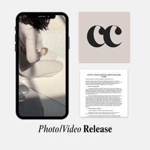 May include: A smartphone displays a person in a light-colored outfit. Beside it, a square graphic features black intertwined "cc" letters. A document titled "Photo/Video & Social Media Release Form" is also present, with the words "Photo/Video Release" below.